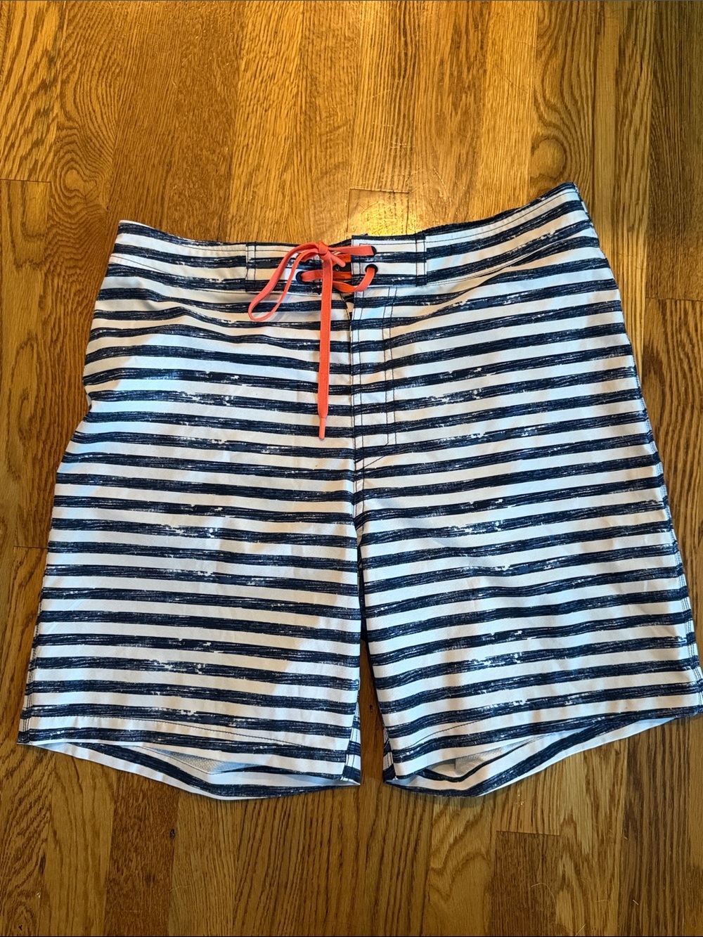Southern Tide Navy and White Striped Swim Board Shorts with Coral Drawstring